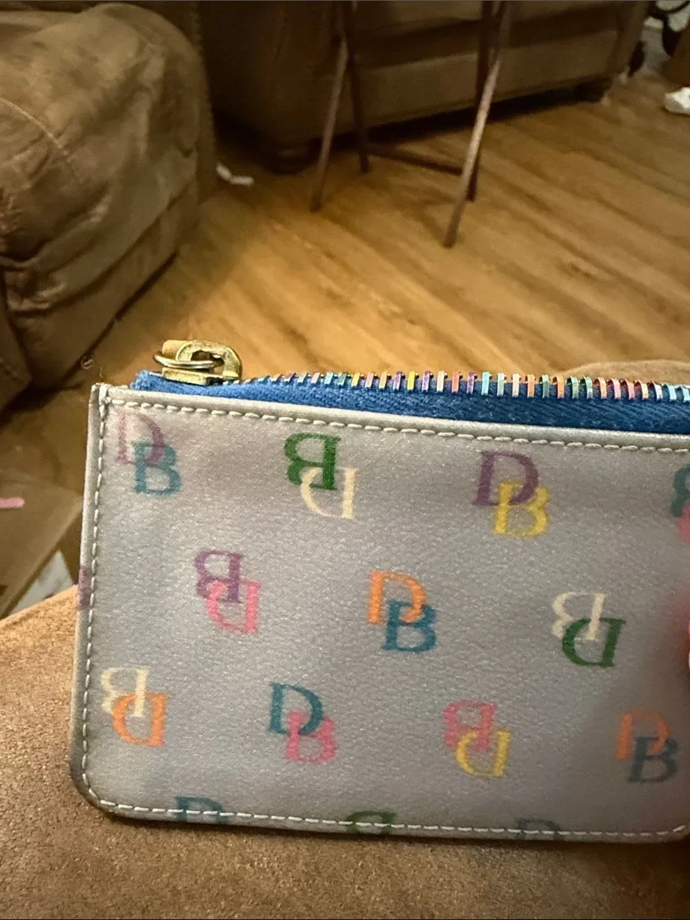 Dooney & Bourke Silver Multicolor DB Logo Card Case with Pink Heart Charm